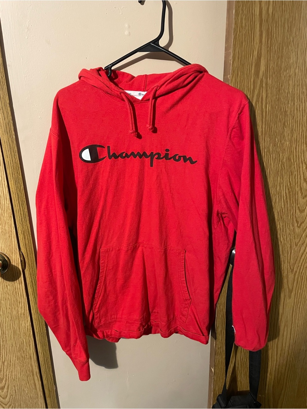 Champion Red Pullover Hoodie with Script Logo